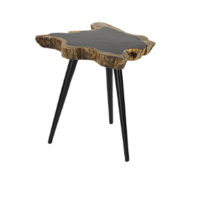 BROWN WOOD HANDMADE LIVE EDGE TOP ACCENT TABLE WITH BLACK METAL TRIPOD LEGS, 24" X 21" X 19"