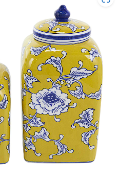YELLOW CERAMIC FLORAL DECORATIVE JARS WITH BLUE AND WHITE ACCENTS