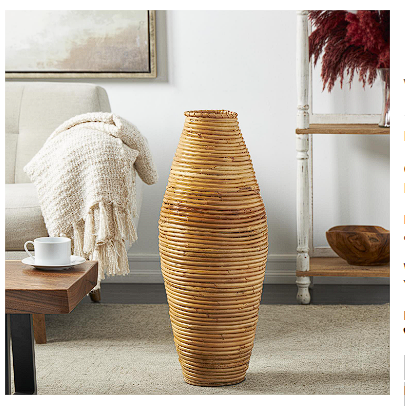 BROWN RATTAN HANDMADE WRAPPED VASE, 11" X 12" X 28"