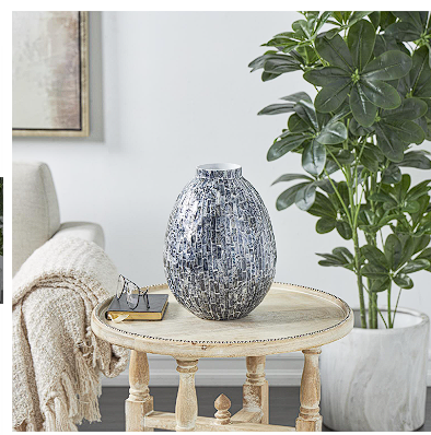 GRAY MOTHER OF PEARL HANDMADE MOSAIC INSPIRED VASE, 9" X 9" X 12"