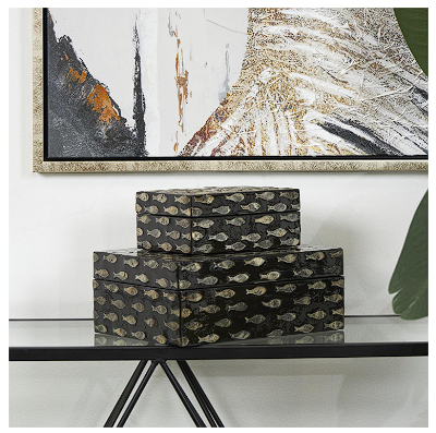BLACK MOTHER OF PEARL FISH BOX WITH BEIGE ACCENTS