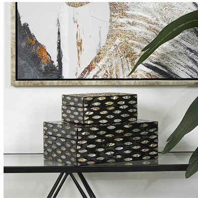 BLACK MOTHER OF PEARL GEOMETRIC FLORAL BOX WITH BEIGE ACCENTS
