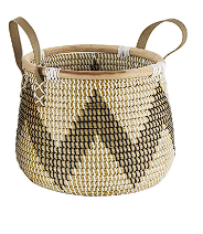 BROWN SEAGRASS HANDMADE ZIGZAG PATTERNED STORAGE BASKET WITH BLACK AND WHITE PLASTIC WEAVING AND LEATHER HANDLES