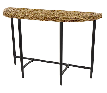 BROWN SEAGRASS WOVEN HALF MOON CONSOLE TABLE WITH BLACK METAL LEGS, 48" X 16" X 32"