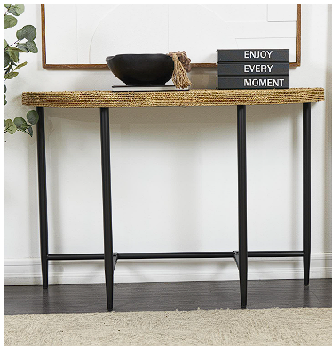 BROWN SEAGRASS WOVEN HALF MOON CONSOLE TABLE WITH BLACK METAL LEGS, 48" X 16" X 32"