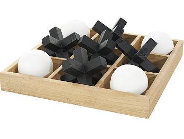 BROWN WOOD TIC TAC TOE DIMENSIONAL GAME SET WITH 3D BLACK AND WHITE GAME PIECES, 12" X 12" X 4"