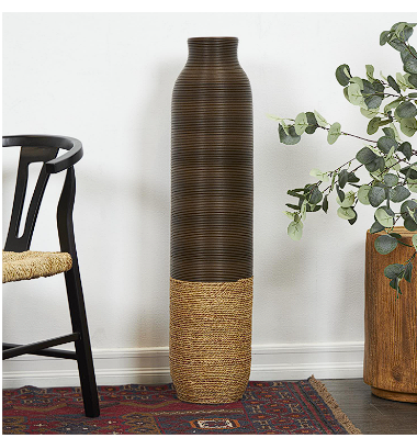 DARK BROWN SEAGRASS HANDMADE VASE, 9" X 9" X 40"