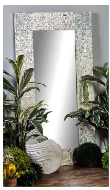 CREAM MOTHER OF PEARL HANDMADE WALL MIRROR WITH BLUE CORNERS, 36" X 1" X 70"