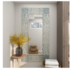 CREAM MOTHER OF PEARL HANDMADE WALL MIRROR WITH BLUE CORNERS, 36" X 1" X 70"
