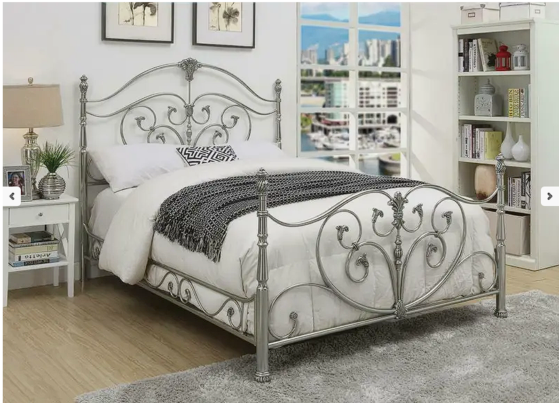 Evita Silver Metal Scrollwork King Bed