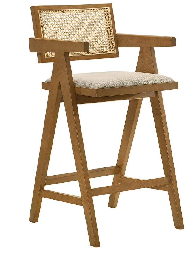Kane Solid Wood Bar Stool With Woven Rattan Back And Upholstered Seat Light Walnut