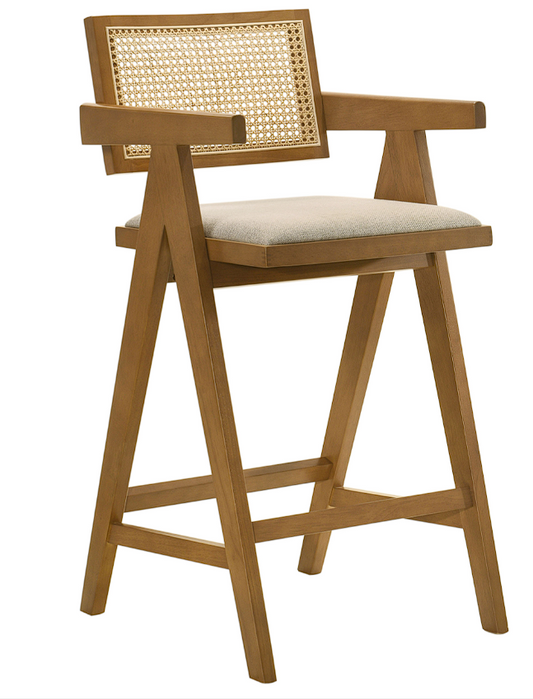 Kane Solid Wood Bar Stool With Woven Rattan Back And Upholstered Seat Light Walnut