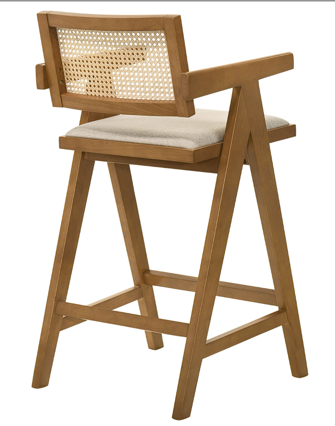 Kane Solid Wood Bar Stool With Woven Rattan Back And Upholstered Seat Light Walnut
