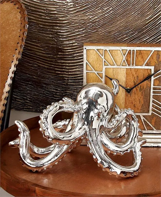 Silver Polystone Coastal Octopus Sculpture, 12" x 7" x 7"