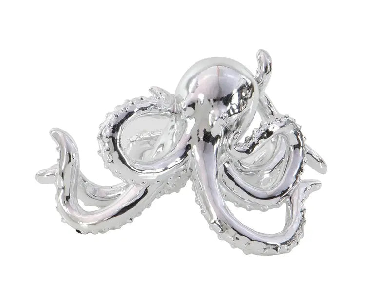 Silver Polystone Coastal Octopus Sculpture, 12" x 7" x 7"