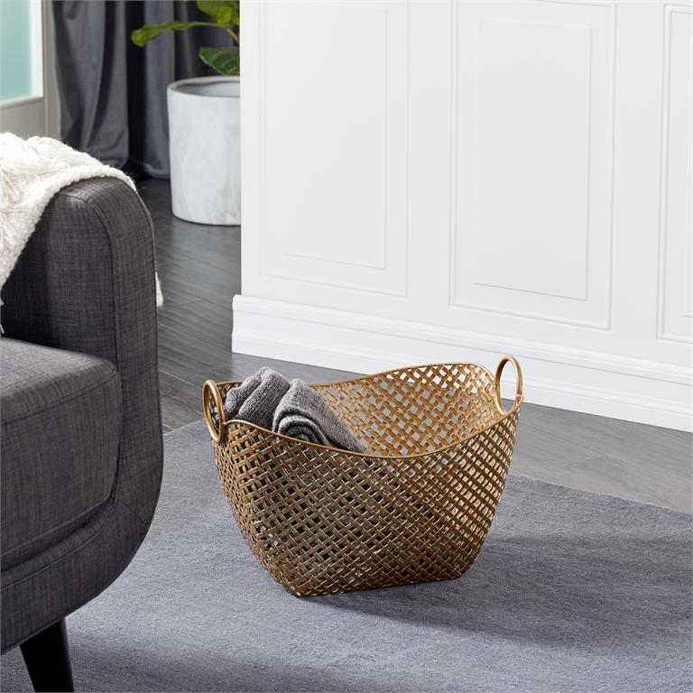 GOLD METAL HANDMADE STORAGE BASKET WITH HANDLES