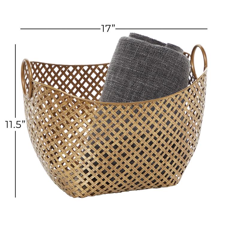 GOLD METAL HANDMADE STORAGE BASKET WITH HANDLES