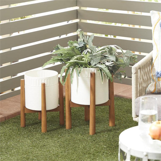WHITE METAL INDOOR OUTDOOR PLANTER WITH REMOVABLE WOOD STAND