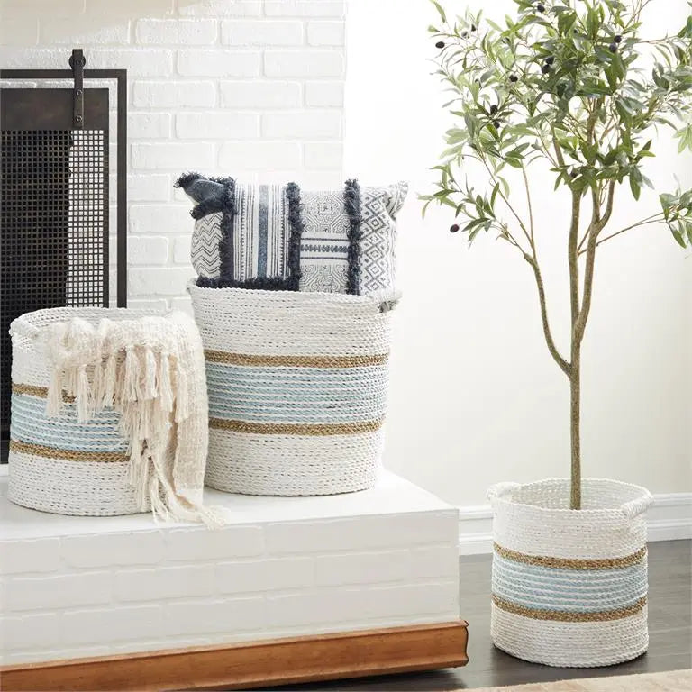 WHITE WOOD HANDMADE TWO TONED STORAGE BASKET WITH HANDLES