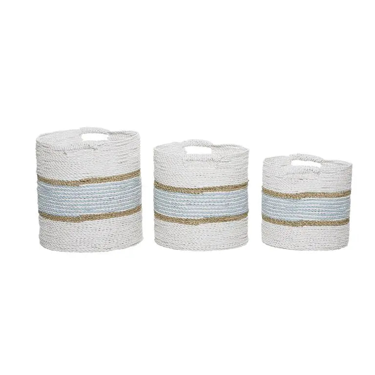 WHITE WOOD HANDMADE TWO TONED STORAGE BASKET WITH HANDLES