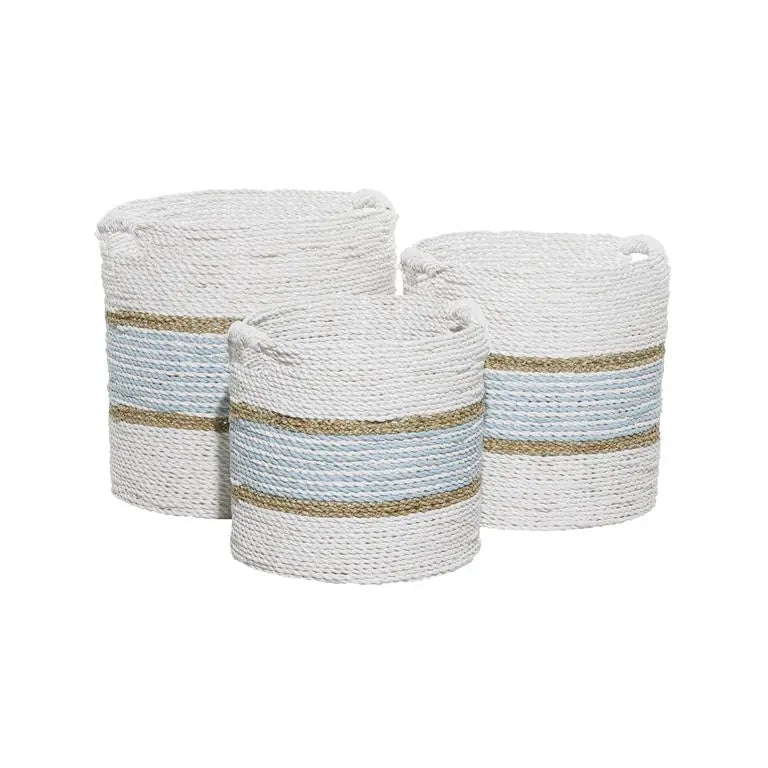WHITE WOOD HANDMADE TWO TONED STORAGE BASKET WITH HANDLES