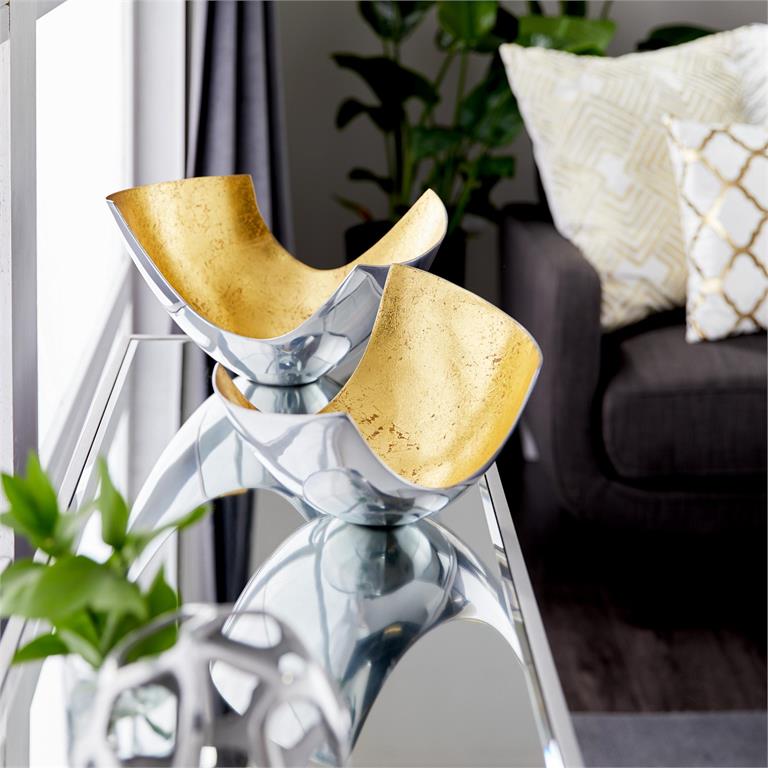 GOLD ALUMINUM DECORATIVE BOWL WITH GOLD INTERIOR