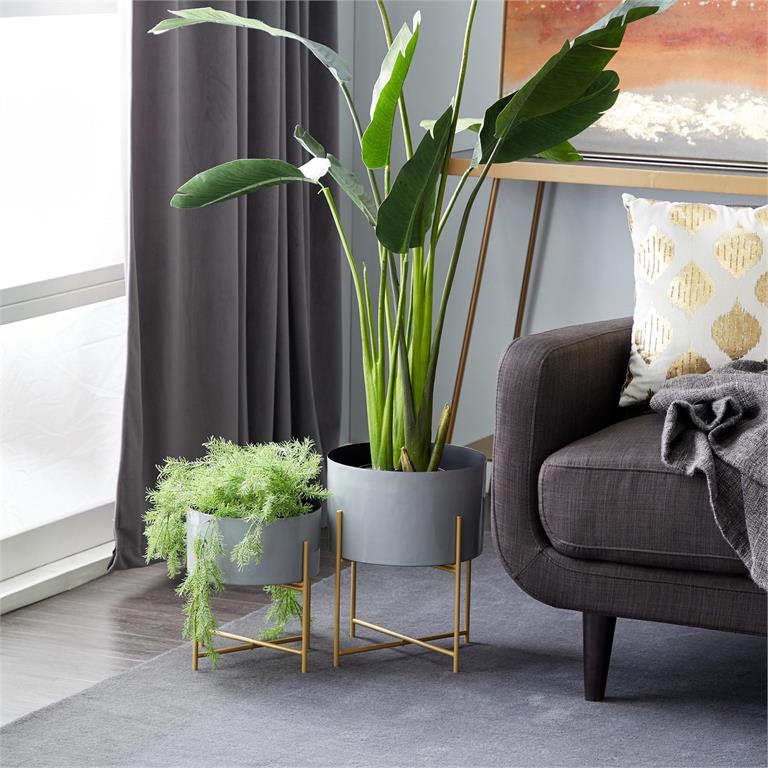 GRAY METAL INDOOR OUTDOOR PLANTER WITH REMOVABLE GOLD STAND
