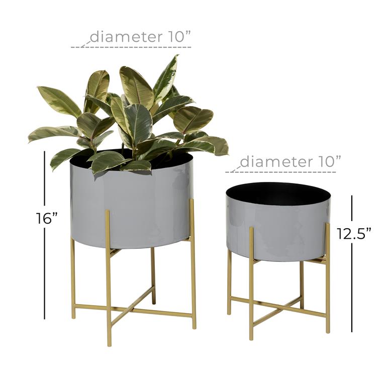 GRAY METAL INDOOR OUTDOOR PLANTER WITH REMOVABLE GOLD STAND
