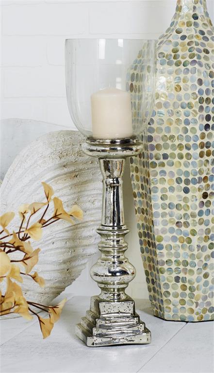 SILVER GLASS HANDMADE TURNED STYLE PILLAR HURRICANE LAMP WITH FAUX MERCURY GLASS FINISH,