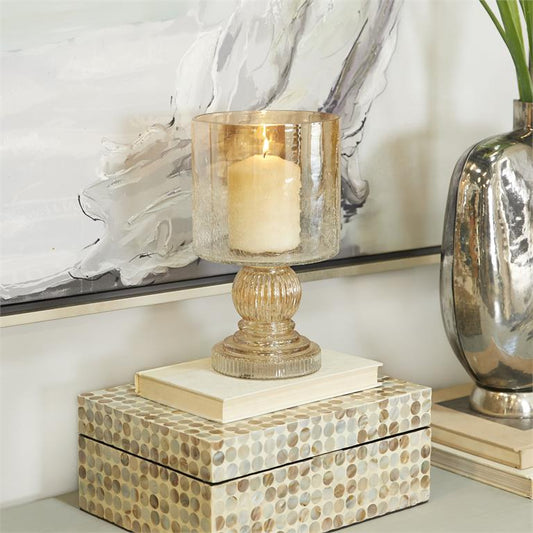 BROWN GLASS HANDMADE TURNED STYLE PILLAR HURRICANE LAMP WITH FAUX MERCURY GLASS FINISH