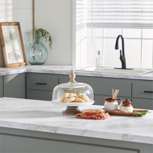 WHITE GLASS AND METAL CONTEMPORARY CAKE STAND WITH CLOCHE
