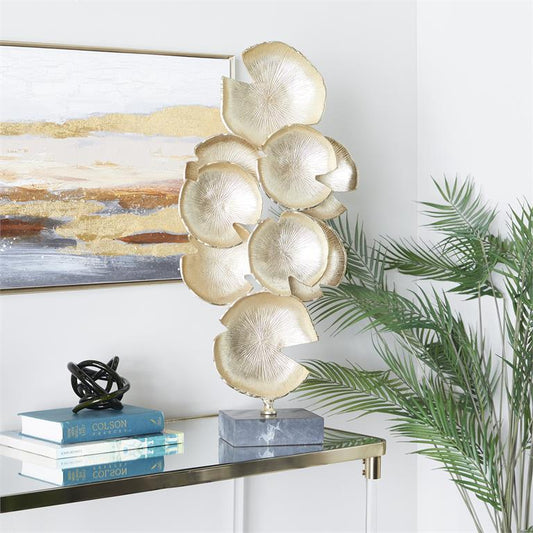 COSMOLIVING BY COSMOPOLITAN GOLD ALUMINUM ABSTRACT LAYERED DISK SCULPTURE WITH BLACK BASE