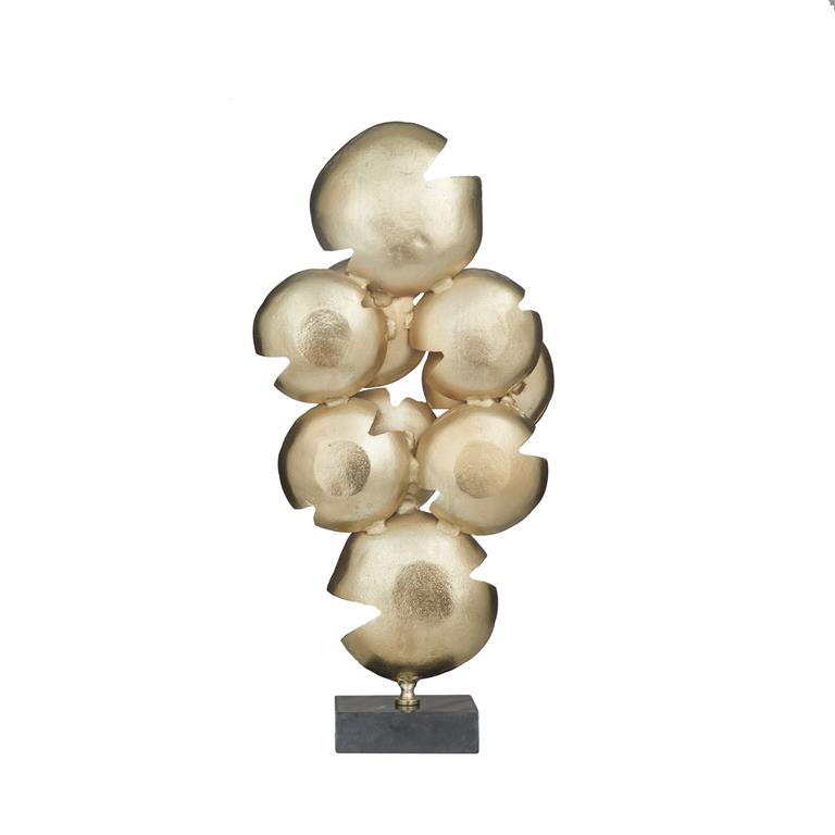 COSMOLIVING BY COSMOPOLITAN GOLD ALUMINUM ABSTRACT LAYERED DISK SCULPTURE WITH BLACK BASE
