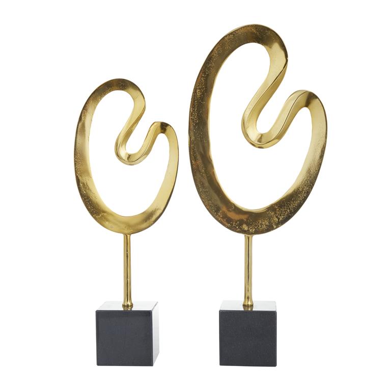 COSMOLIVING BY COSMOPOLITAN GOLD MARBLE ABSTRACT SCULPTURE WITH BLACK BASE