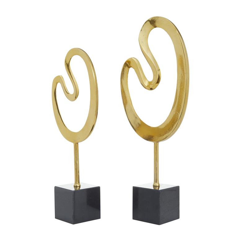 COSMOLIVING BY COSMOPOLITAN GOLD MARBLE ABSTRACT SCULPTURE WITH BLACK BASE