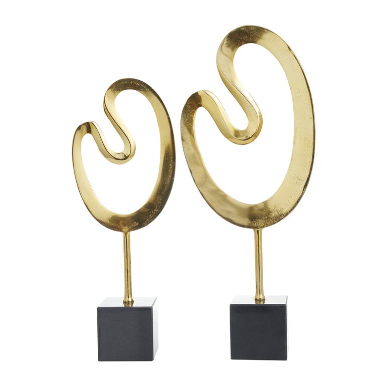 COSMOLIVING BY COSMOPOLITAN GOLD MARBLE ABSTRACT SCULPTURE WITH BLACK BASE