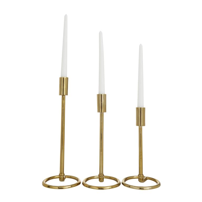 GOLD ALUMINUM TAPERED CANDLE HOLDER WITH RING BASES
