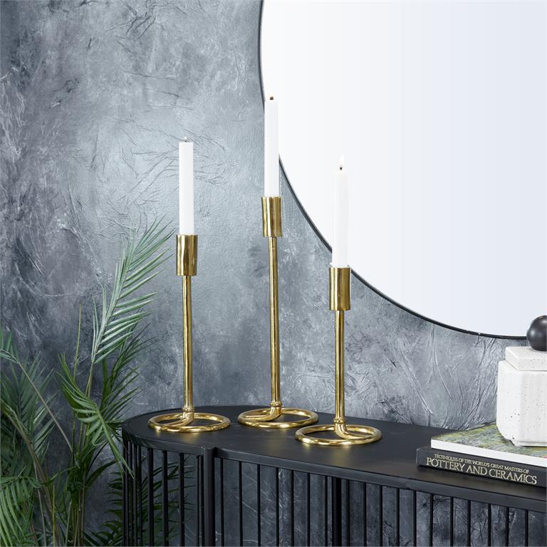 GOLD ALUMINUM TAPERED CANDLE HOLDER WITH RING BASES