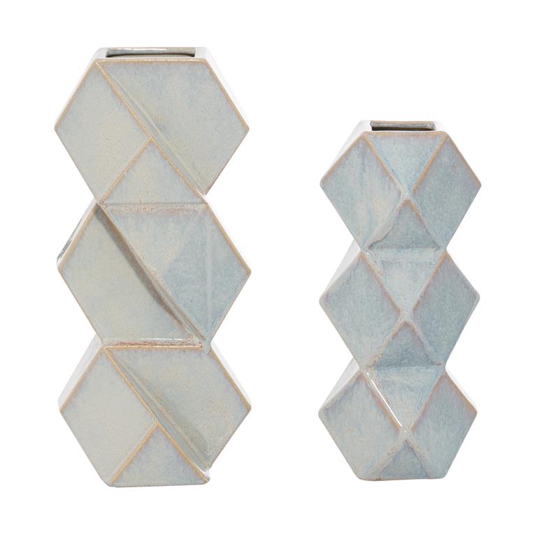 COSMOLIVING BY COSMOPOLITAN BLUE CERAMIC FACETED VASE WITH DIAMOND SHAPES,