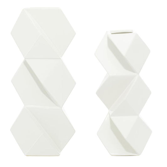 COSMOLIVING BY COSMOPOLITAN WHITE CERAMIC FACETED VASE WITH DIAMOND SHAPES