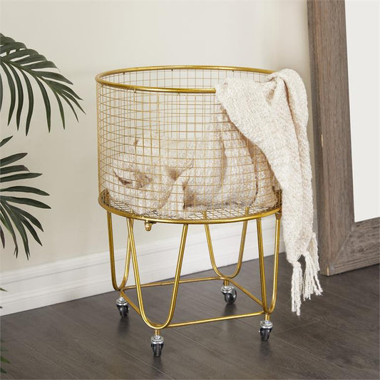 GOLD METAL DEEP SET METAL MESH LAUNDRY BASKET STORAGE CART WITH WHEELS