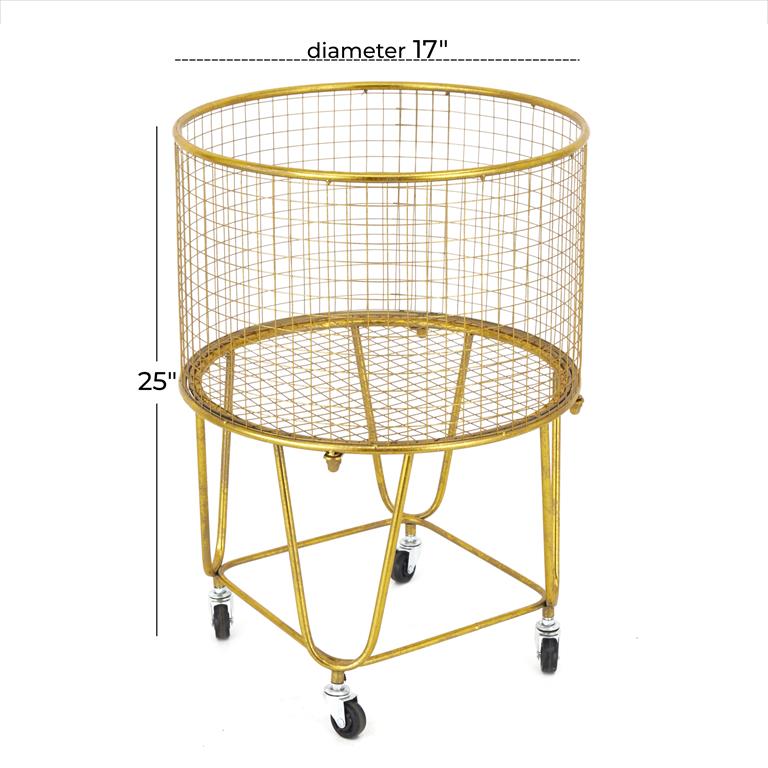 GOLD METAL DEEP SET METAL MESH LAUNDRY BASKET STORAGE CART WITH WHEELS