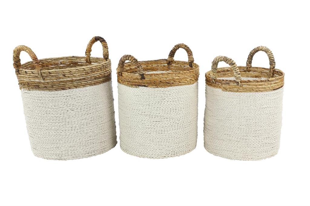 WHITE SEAGRASS HANDMADE TWO TONED STORAGE BASKET WITH HANDLES