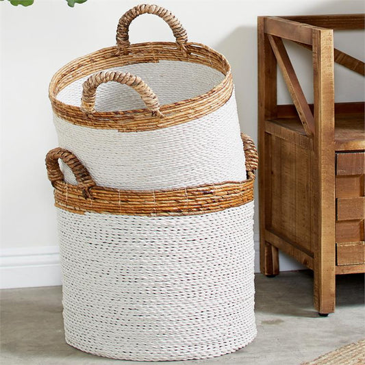 WHITE SEAGRASS HANDMADE TWO TONED STORAGE BASKET WITH HANDLES