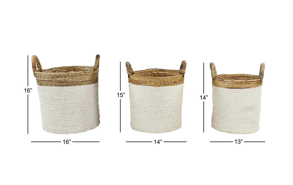 WHITE SEAGRASS HANDMADE TWO TONED STORAGE BASKET WITH HANDLES