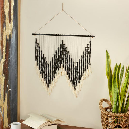 BLACK WOOD MACRAME BEADED WALL DECOR WITH FRINGE TASSELS,