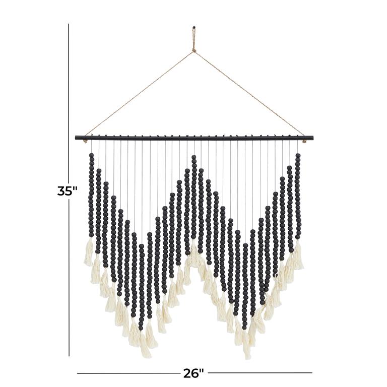 BLACK WOOD MACRAME BEADED WALL DECOR WITH FRINGE TASSELS,