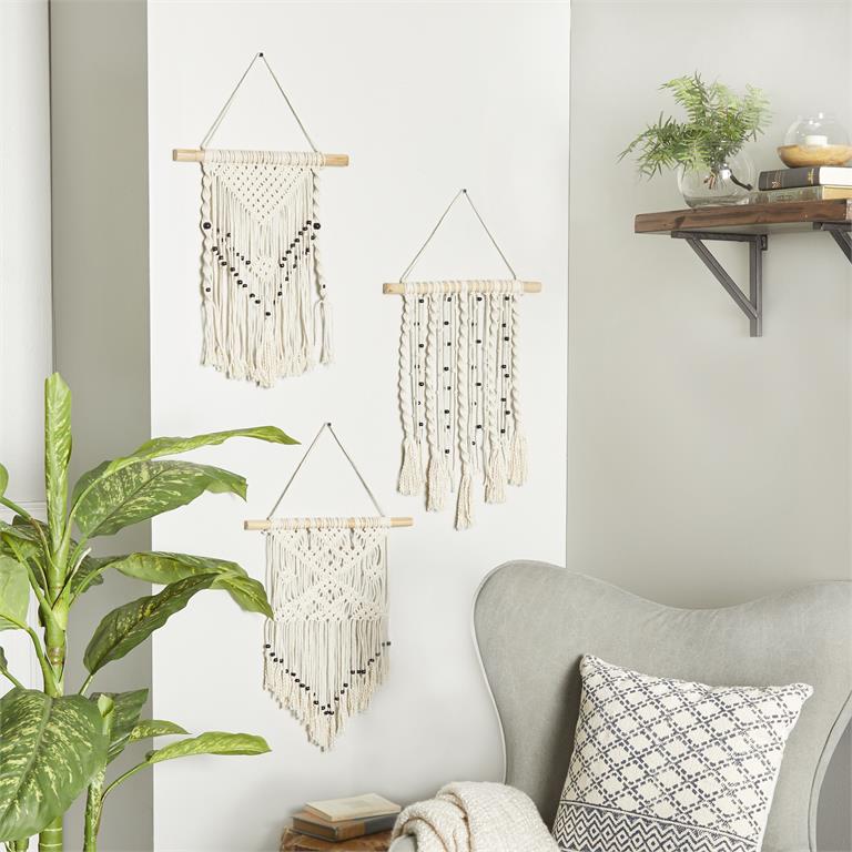 CREAM COTTON MACRAME HANDMADE INTRICATELY WEAVED WALL DECOR WITH BEADED FRINGE TASSELS