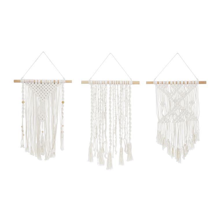CREAM COTTON MACRAME HANDMADE INTRICATELY WEAVED WALL DECOR WITH BEADED FRINGE TASSELS