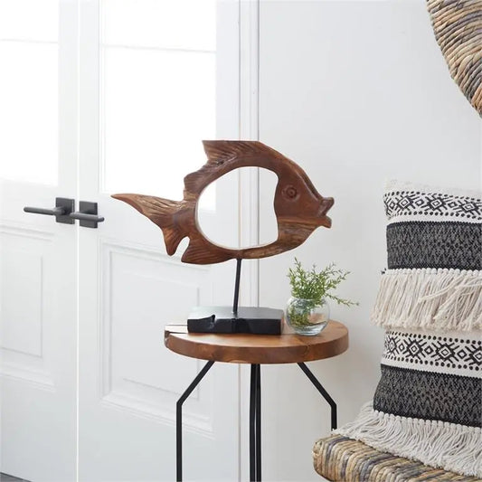 Brown Teak Wood Coastal Fish Sculpture